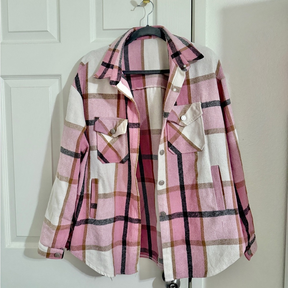 Plaid Pink and White Women's Shirt Jacket Shacket